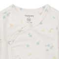Weißer Baby-Strampler mit bunten Früchte-Prints, Wickelverschluss und Druckknöpfen, Größe 56, Marke Noppies.