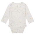 Weißer Baby-Body aus Bio-Baumwolle mit bunten Obst-Motiven und langen Ärmeln, ideal für Neugeborene.
