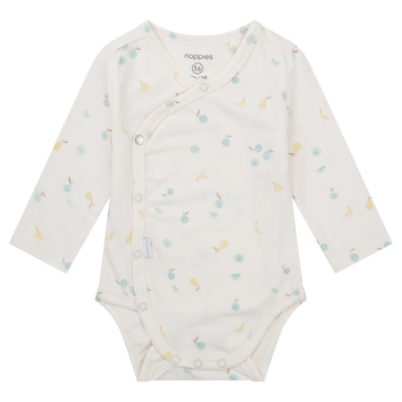 Weißer Baby-Body aus Bio-Baumwolle mit bunten Obst-Motiven und langen Ärmeln, ideal für Neugeborene.